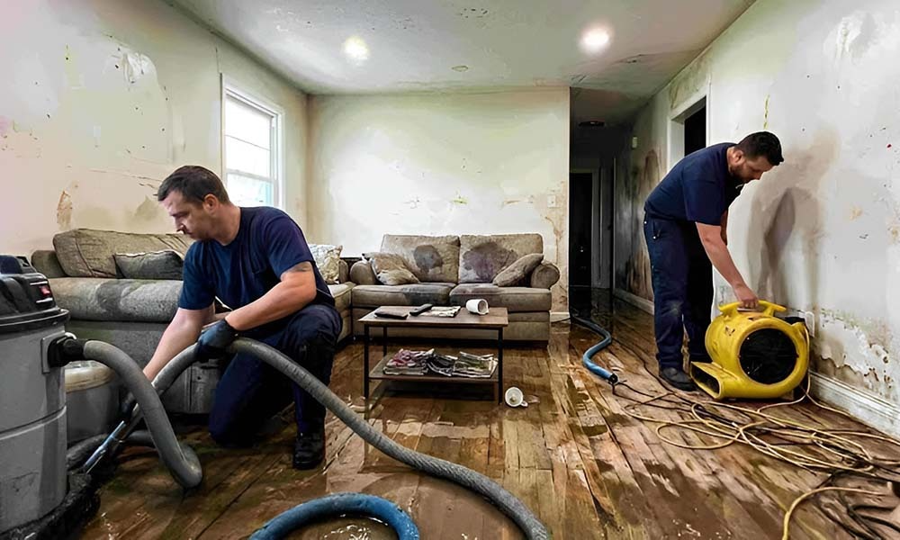 Workers cleaning flooded room
